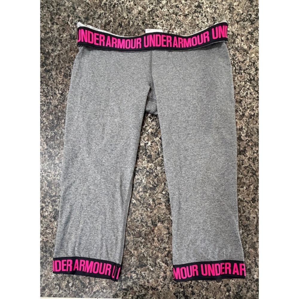 Under Armour Power in Pink Gray Cropped Leggings Breast Cancer Awareness Large